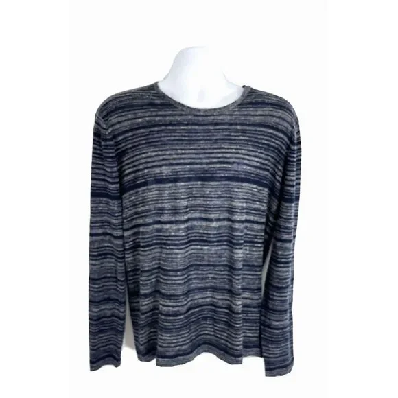 John Varvatos Sweater Men's XL Gray Blue Striped Linen Blend Long Sleeve